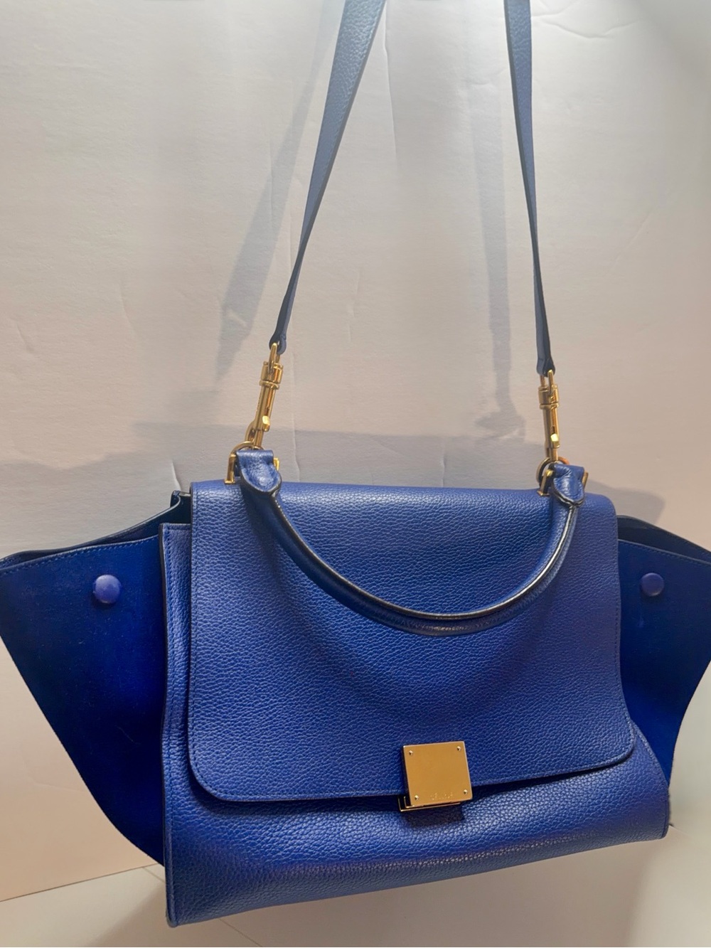 Celine Blue Leather Structured Shoulder Bag with Gold Hardware